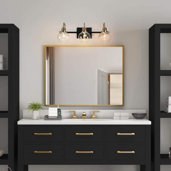 Modern 22 in. 3-Light Black Bathroom Vanity Light, Powder Room Rustic Vanity Light, Clear Glass Brass Gold Wall Light