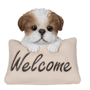 Brown and White Shih Tzu with Welcome Sign Garden Statue