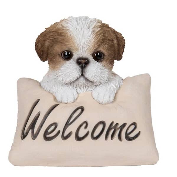 HI-LINE GIFT LTD. Brown and White Shih Tzu with Welcome Sign Garden Statue