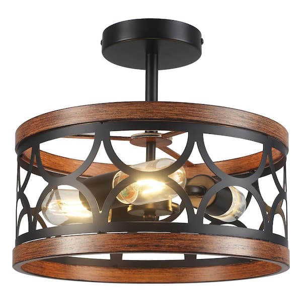 12.6 in. 3-Light Black and Imitation Wood Grain Farmhouse Drum Semi-Flush Mount Light with Metal Shade