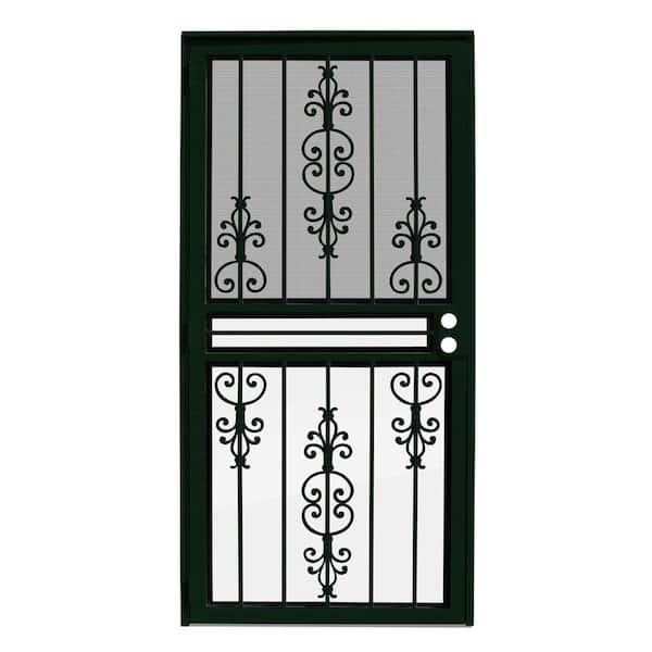 Unique Home Designs 36 in. x 80 in. Estate Forest Green Recessed Mount All Season Security Door with Insect Screen and Glass Inserts