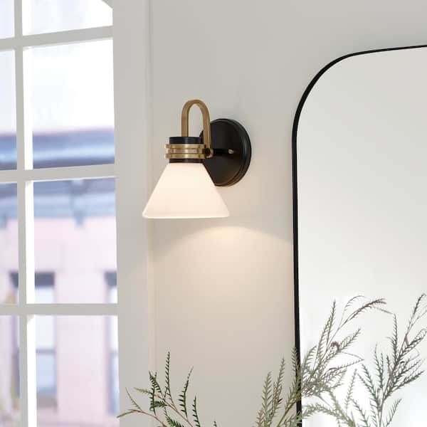 KICHLER Farum 9.5 in. 1-Light Black with Champagne Bronze Bathroom Wall Sconce Light with Opal Glass Shade