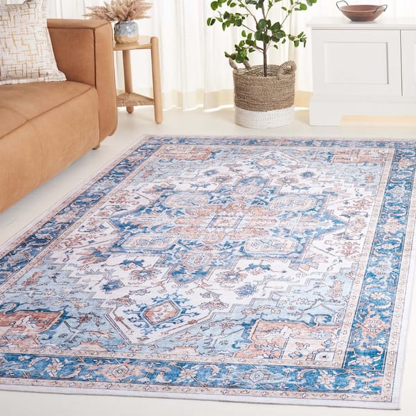 Arizona Patina Blue/Beige 6 ft. x 9 ft. Distressed Border Ornate Machine Washable Area Rug