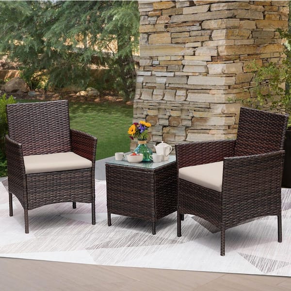 Furniture Sets 3 Pieces PE Rattan Wicker Chairs with Table Outdoor Garden Brown 