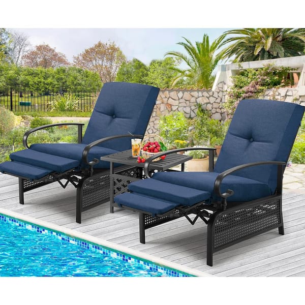 Patio Recliner Lounge Chair with Cushion, Navy Blue 