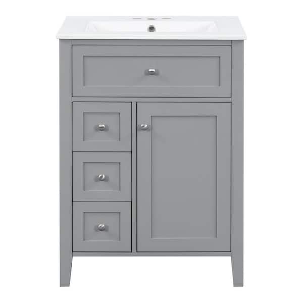 24 in. Gray Wood Rectangle Vessel Sink Bathroom Vanity Combo with Adjustable Shelves, 3 Drawers