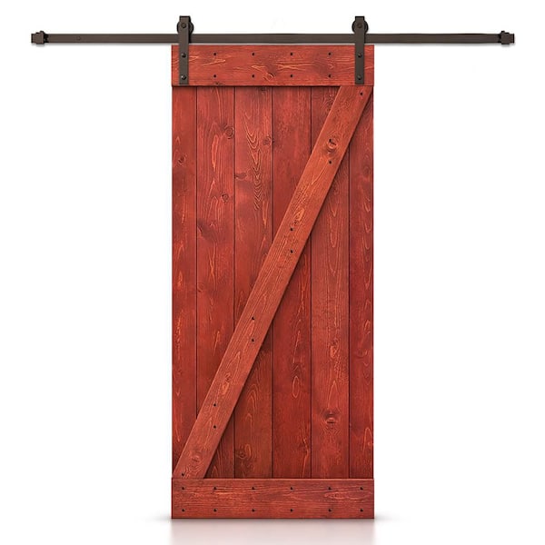 CALHOME Z Bar Series 30 in. x 84 in. Pre-Assembled Cherry Red Stained Wood Interior Sliding Barn Door with Hardware Kit