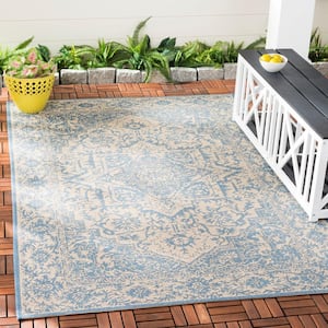 Beach House Cream/Blue 4 ft. x 4 ft. Medallion Indoor/Outdoor Patio  Square Area Rug