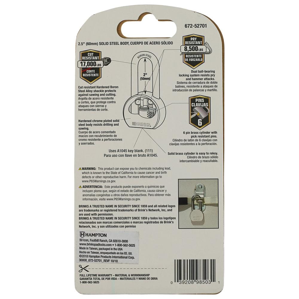 Brinks 2.5'' Silver Steel Keyed Padlock with Brass Key