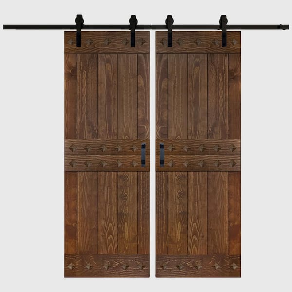 Mid-Century Style 60 in. x 84 in. Dark Walnut Finished DIY Solid Wood Sliding Barn Door with Hardware Kit