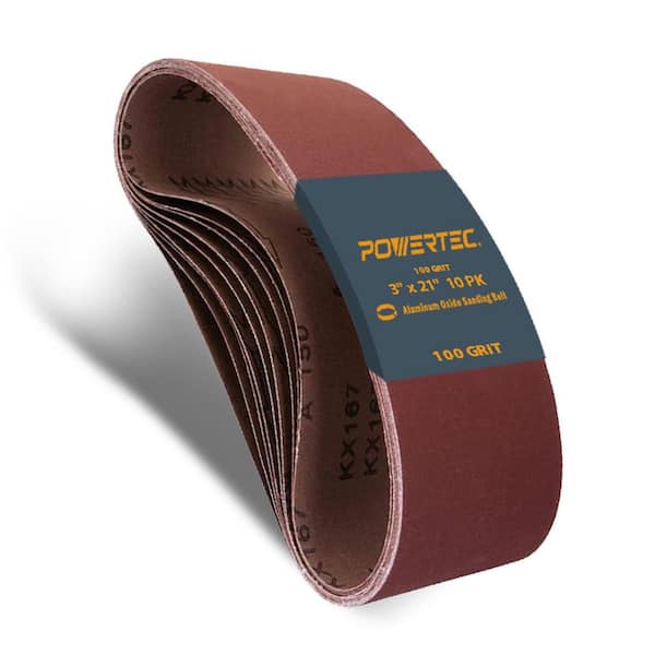 ‎POWERTEC 3 in. x 21 in. 100-Grit Aluminum Oxide Sanding Belt for Portable Belt Sander (10-Pack)
