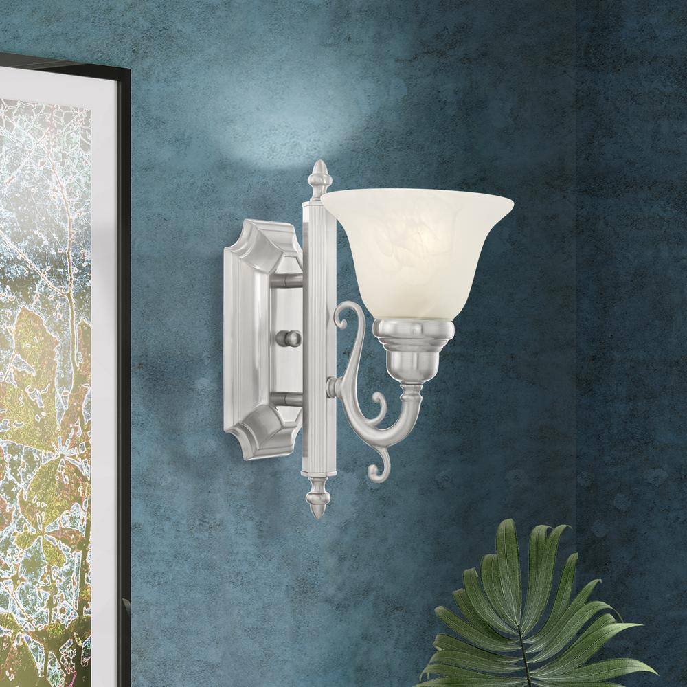 Brushed Nickel Traditional Bathroom Wall Sconce with Alabaster Glass