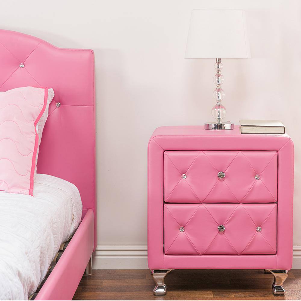 Stella Pink Faux Leather 2-Drawer Crystal Tufted Nightstand