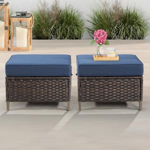Wicker Outdoor Patio Ottoman with Removable Zippered Blue Cushions (Set of 2)