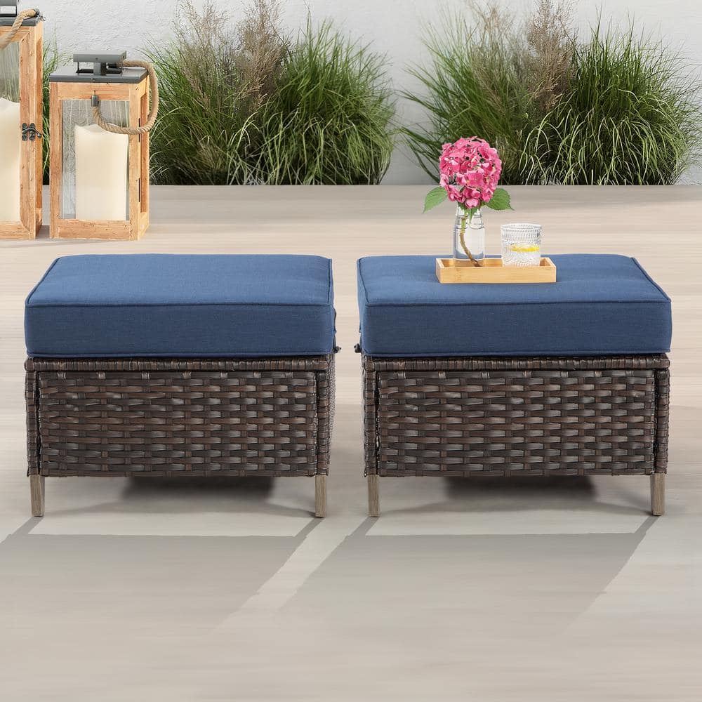 Wicker Outdoor Patio Ottoman with Removable Zippered Blue Cushions (Set of 2) price history on PriceWatchPro