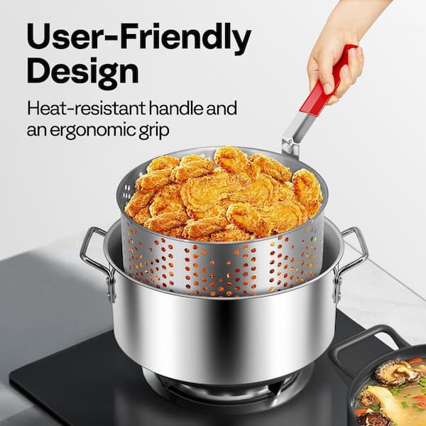 10Qt Stainless Steel Fish Fryer Pot with Thermometer and Lid, Deep Fryer with 6.7Qt Basket for Cooking Chicken Wings, Seafood, French Fries 10Qt Stainless Steel Fish Fryer Pot with Thermometer and Lid, Deep Fryer with 6.7Qt Basket for Cooking Chicken Wings, Seafood, French Fries