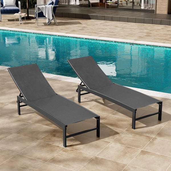2-Piece Aluminum Adjustable Metal Outdoor Chaise Lounge in Black