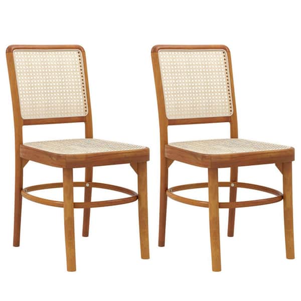 Set of 2 Patio Natural Rattan Boho Outdoor Dining Chairs Rattan with Teak Wood Structure and Footrests