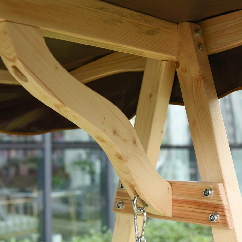 Natural Fir Wood 2-Seater Porch Swing with Brown Canopy