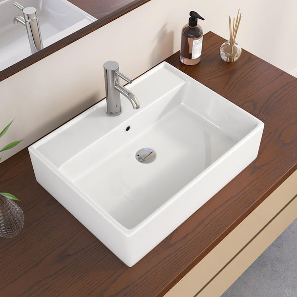 Teara 22.5 in. x 15.75 in. Rectangular Ceramic Wall Mount Small Vessel Sink with Center Faucet Hole in White