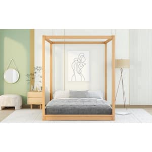 Brown Wood Frame Queen Size Canopy Platform Bed with Support Legs