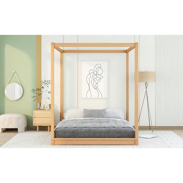 Brown Wood Frame Queen Size Canopy Platform Bed with Support Legs