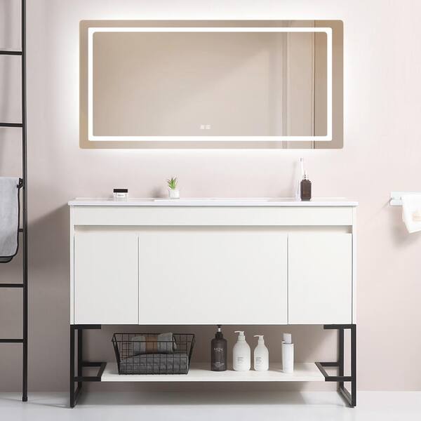 Unbranded 48 in. W x 18 in. D x 33 in. H Freestanding Bathroom Vanity in White W/ Soft-Close Drawer and Door with Ceramic Sink Top