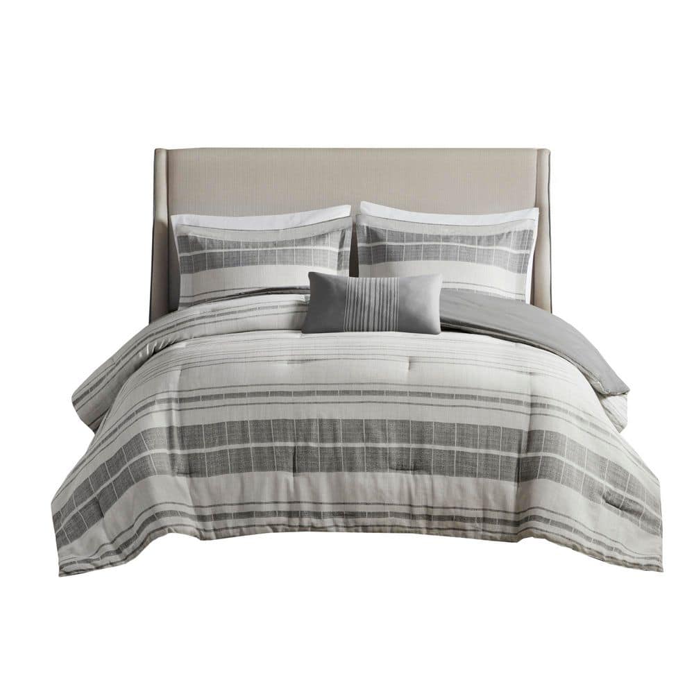 Full Gray Microfiber Striped Comforter Set with Throw Pillow