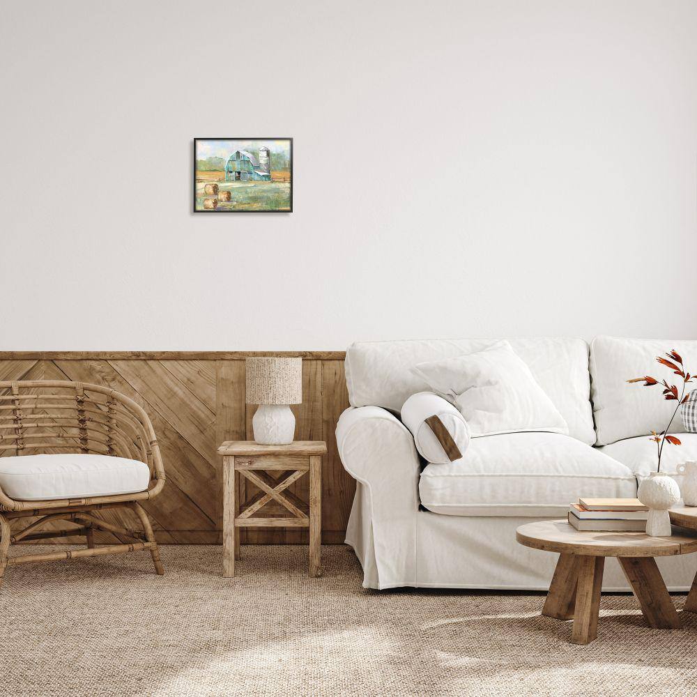 Blue and Brown Farm Landscape Canvas Print with Black Frame