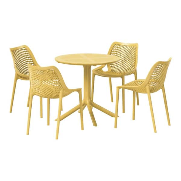 Frond&Form Modern Outdoor Patio Poly Plastic 5-Piece Round Table Dining Set w/ 4 Stackable Chairs in Yellow