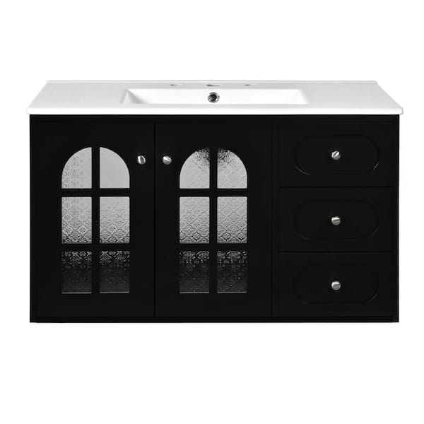 JimsMaison 36 in. W x 18 in. D x 22 in. H Wall-Mounted Bath Vanity in Black with White Ceramic Top