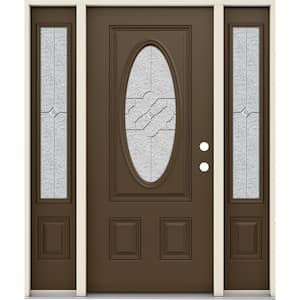 60 in. x 80 in. Left-Hand 3/4 Oval Brevard Decorative Glass Dark Chocolate Fiberglass Prehung Front Door w/Sidelites