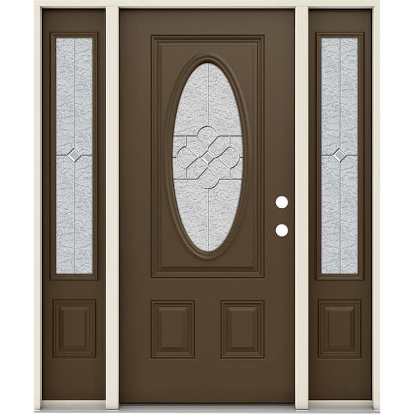 JELD-WEN 60 in. x 80 in. Left-Hand 3/4 Oval Brevard Decorative Glass Dark Chocolate Fiberglass Prehung Front Door w/Sidelites