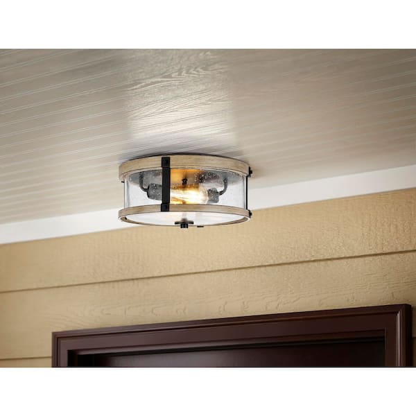 Collier 2-Light Matte Black and Gray Wood Outdoor Flush Mount Light with Clear Seeded Glass