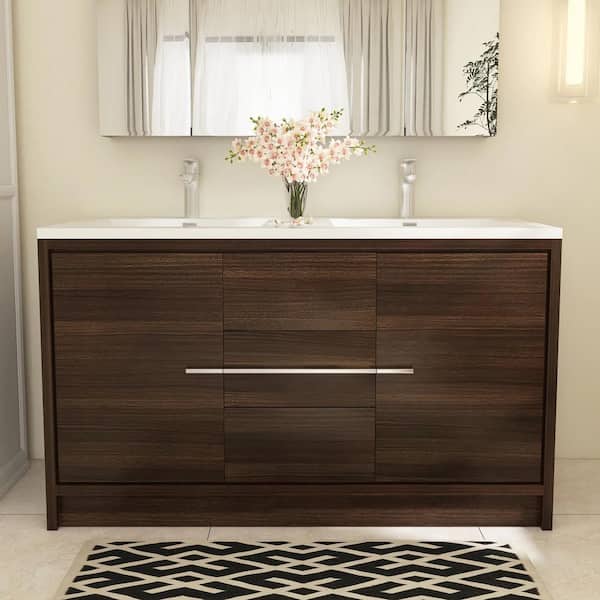 60 in. W x 20 in. D x 36 in. H Freestanding Bath Vanity in Grey Oak with White Solid Surface Top
