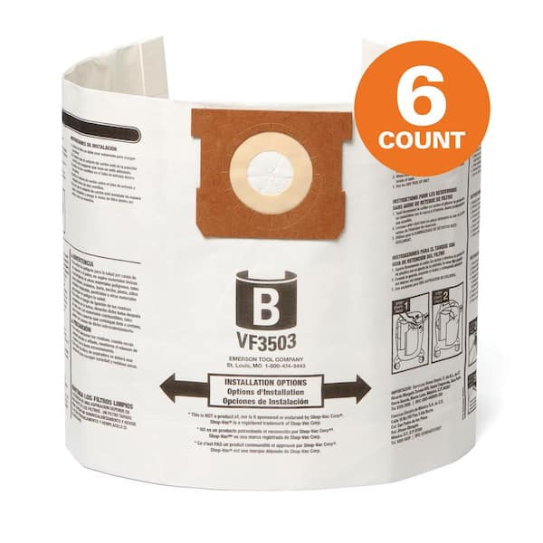 Genuine VF3503A Wet Dry Vac Dry Pick-up Only Dust Bags for Select 5-10 Gal. RIDGID Vacs, except HD0600, Size B (6-Pack)
