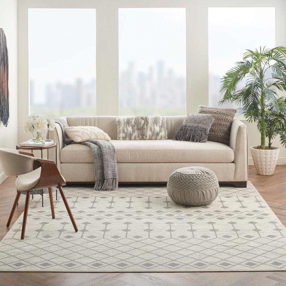 Ivory and Grey Geometric Hand-Knotted 7'10" x 9'10" Synthetic Area Rug