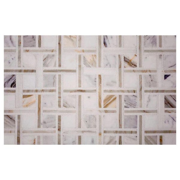 Serena 4 in. x 4 in. Polished White Gray Calacatta Gold, Thassos Marble Mosaic Wall and Floor Tile Sample (0.14 sq. ft.)