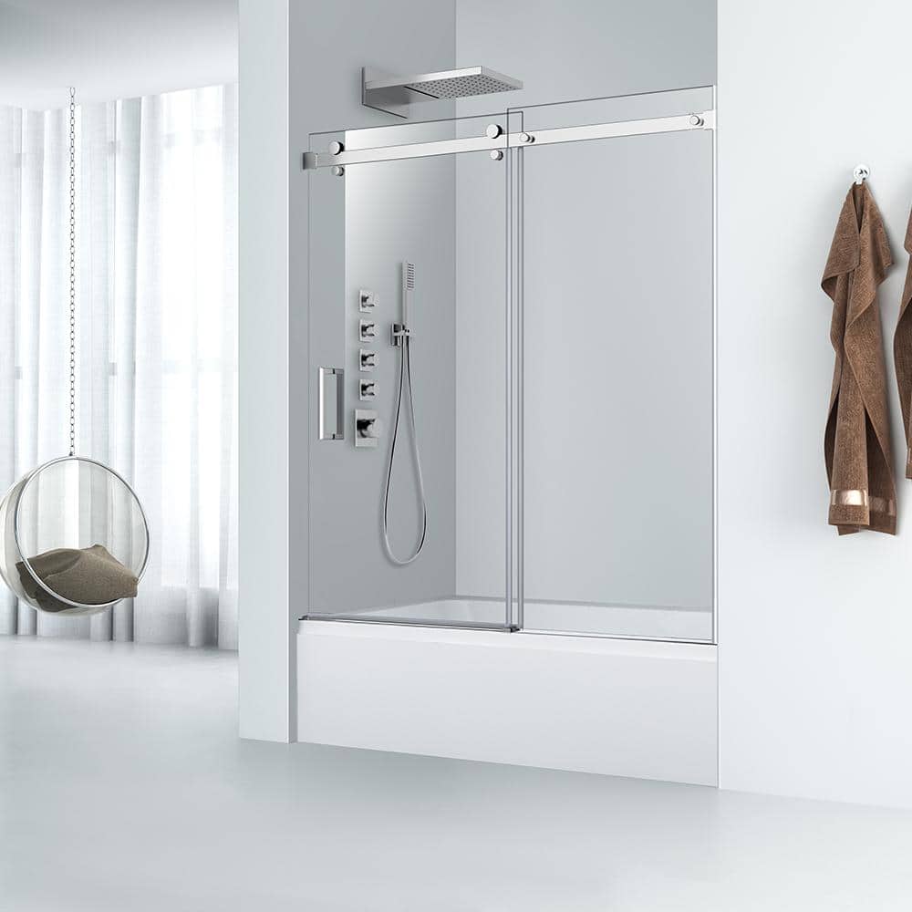 60" Silver Frameless Sliding Shower Door with Clear Glass