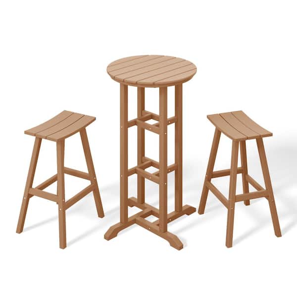 WESTIN OUTDOOR Laguna 3-Piece HDPE Weather Resistant Outdoor Patio Bar Height Bistro Set with Saddle Seat Barstools, Teak