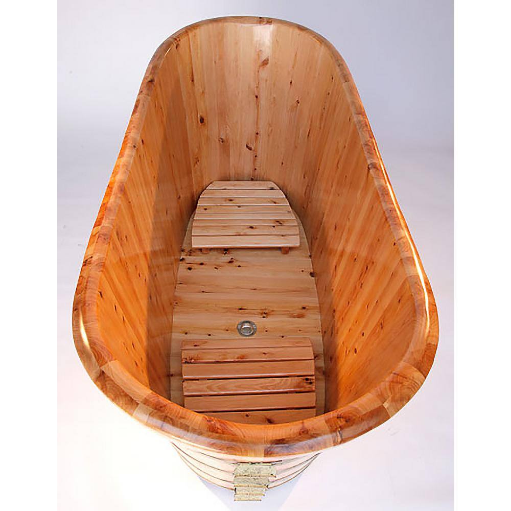 63'' Natural Cedar Freestanding Soaking Bathtub with Iron Wraps