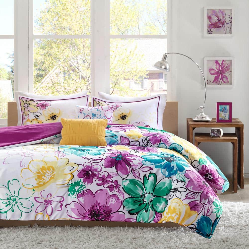 Full Blue Microfiber Down Alternative Floral Comforter Set