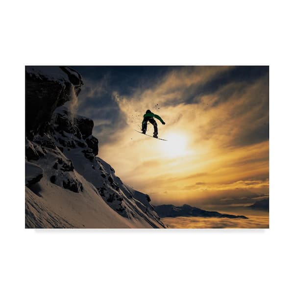 Trademark Fine Art 22 in. x 32 in. Sunset Snowboarding by Jakob Sanne Floater Frame People Wall Art