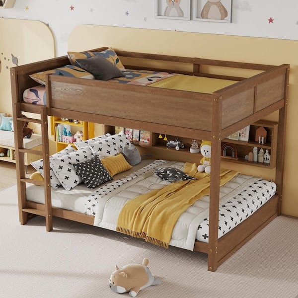 Wheat Wood Queen over Queen Bunk Bed with Storage Cabinets, USB Ports, Full-Length Bedrails