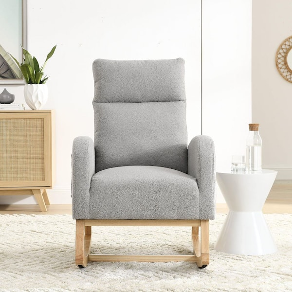 27.6 in. Grey Teddy Fabric Rocking Chair with High Backrest and Side Pockets and Wood Legs for Living Room and Bedroom