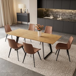 7-Piece Set of Brown Chairs and Oak Rectangular Retractable Dining Table with Carbon Steel Legs and 6 Modern Chairs