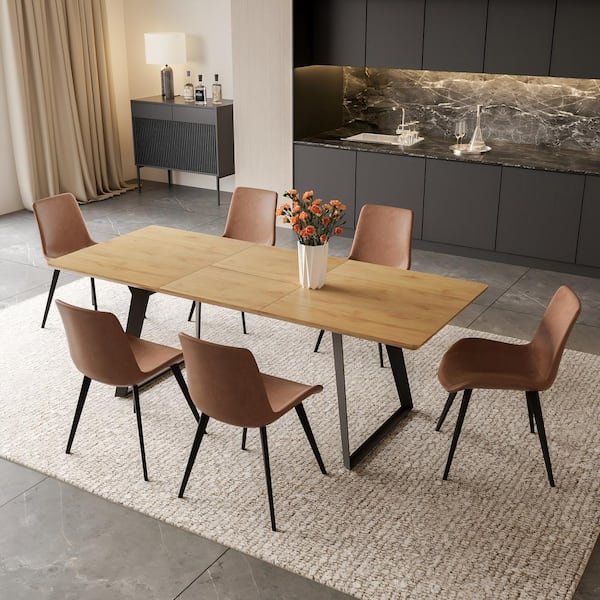 GOJANE 7-Piece Set of Brown Chairs and Oak Rectangular Retractable Dining Table with Carbon Steel Legs and 6 Modern Chairs
