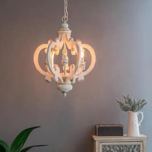 6-Light Beige French Country Farmhouse Wood Chandelier with Adjustable Chain, Bulb Not Included