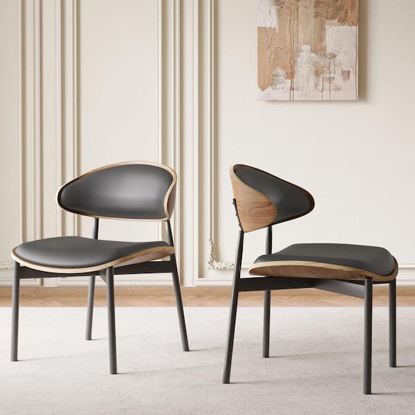 2 Piece Set, Modern Faux Leather Dining Chair with Black Metal Legs,Black