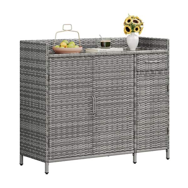 47.5 in. W x 15.8 in. D x 39.5 in. H Grey Rattan Outdoor Storage Cabinet with Tempered Glass Desktop, Doors and Drawer